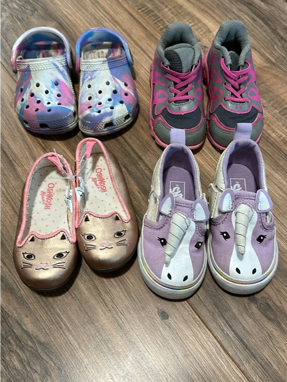 Toddler size 5 shoe lot. Vans, crocs, Oshkosh, underarmour flats and boots